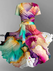 Gold Foil Tie-Dye Art Print Elegant Vintage Chic V-Neck Short Sleeve Midi Dress A / S