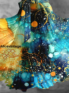 Gold Foil Tie-Dye Art Print Elegant Vintage Chic V-Neck Strap Short Sleeve Midi Dress