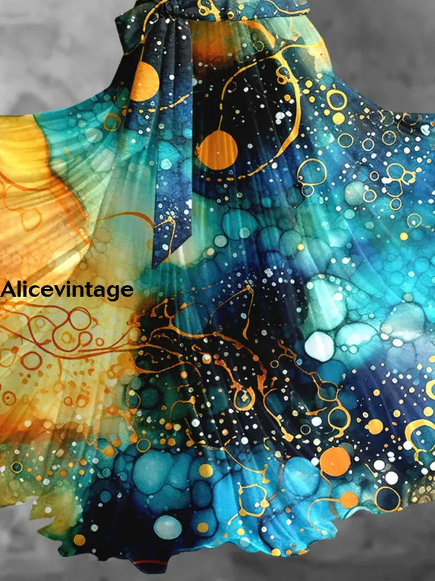 Gold Foil Tie-Dye Art Print Elegant Vintage Chic V-Neck Strap Short Sleeve Midi Dress