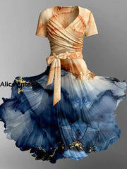 Gold Foil Tie-Dye Art Print Elegant Vintage Chic V-Neck Strap Short Sleeve Midi Dress A / S