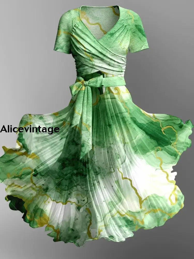 Gold Foil Tie-Dye Art Print Elegant Vintage Chic V-Neck Strap Short Sleeve Midi Dress A / S