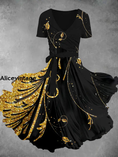 Gold Leaf Art Print Vintage V-Neck Short Sleeve Two Piece Midi Dress A / S