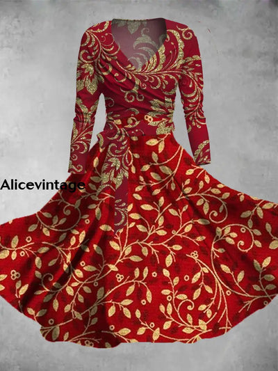 Gold Leaf Print Vintage V-Neck Long Sleeve Two-Piece Midi Dress A / S