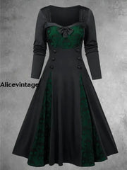 Gothic Lace Bow Button Embellished Patchwork Color Contrast Midi Dress Black-Green / S