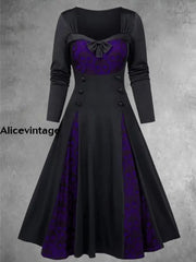 Gothic Lace Bow Button Embellished Patchwork Color Contrast Midi Dress Black-Purple / S