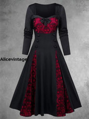 Gothic Lace Bow Button Embellished Patchwork Color Contrast Midi Dress Black-Red / S