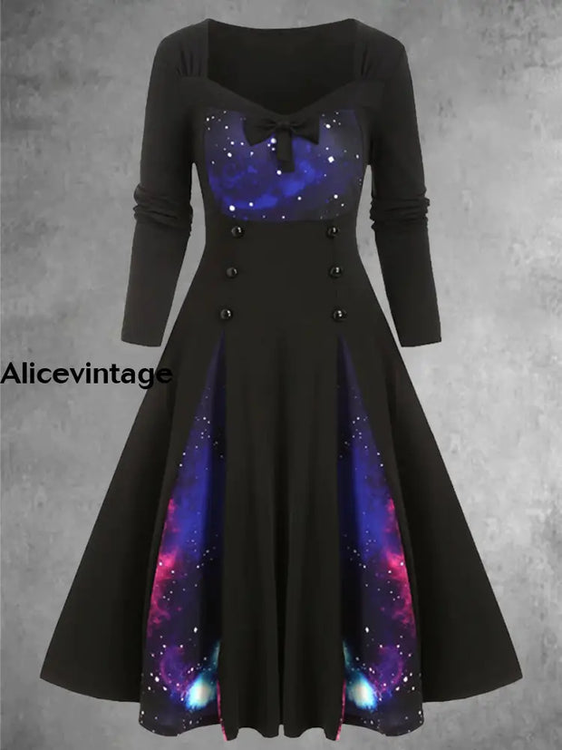 Gothic Lace Bow Button Embellished Patchwork Color Contrast Midi Dress Galactic Sky / S