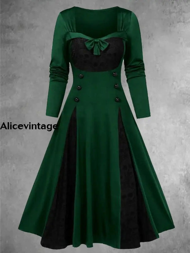 Gothic Lace Bow Button Embellished Patchwork Color Contrast Midi Dress Green / S