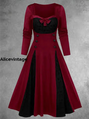 Gothic Lace Bow Button Embellished Patchwork Color Contrast Midi Dress Wine Red / S