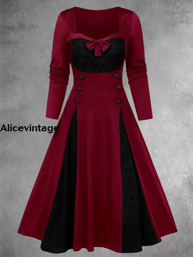 Gothic Lace Bow Button Embellished Patchwork Color Contrast Midi Dress Wine Red / S