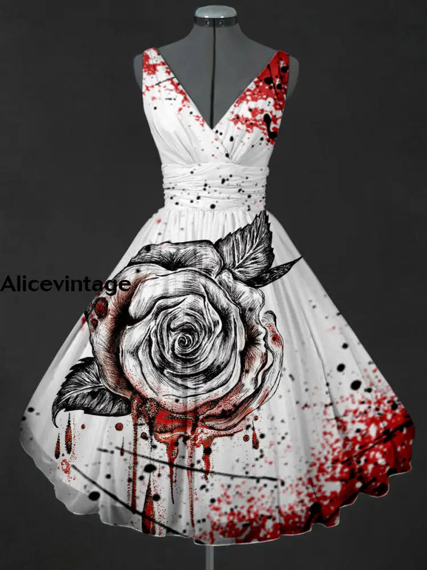 Gothic Rose Art Print V-Neck 50’S Vintage Fashion Sleeveless Midi Dress A / S