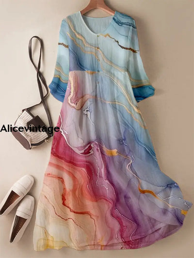 Graceful Gradient Gilt Printed V-Neck Elegant Chic Loose Long Sleeve Maxi Dress A / S