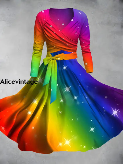 Gradient Color Art Print Vintage V-Neck Short Sleeve Two-Piece Midi Dress A / S