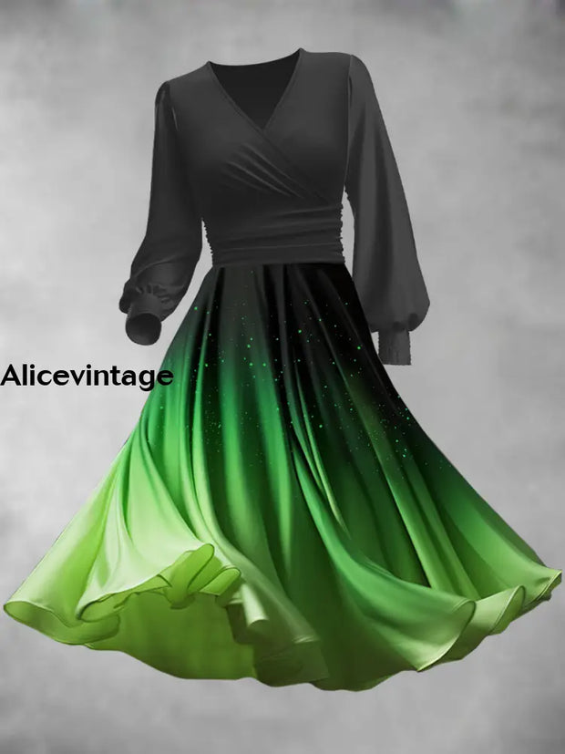 Gradient Color Print Vintage V-Neck Long Sleeve Midi Dress Green / S