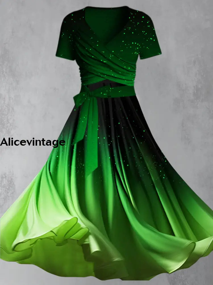 Gradient Color Print Vintage V-Neck Short Sleeve Two-Piece Midi Dress A / S
