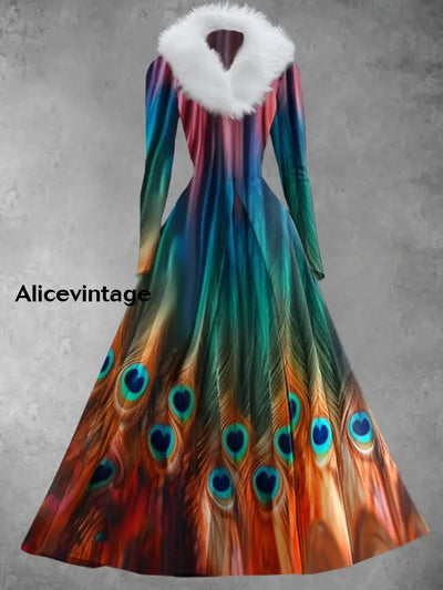 Gradient Feather Art Print Retro Elegant Long Sleeve Fake Two Piece Maxi Dress A / S