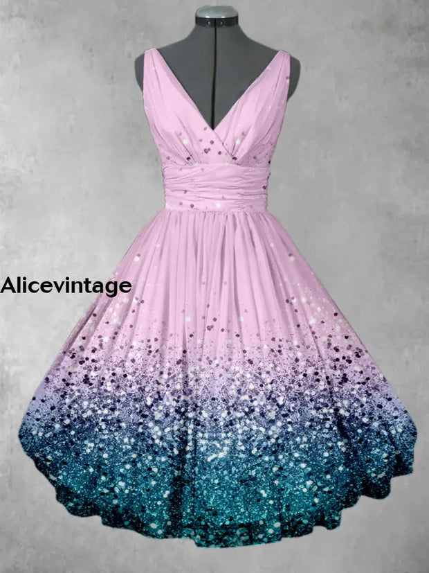 Gradient Glitter Art Print V-Neck 50’S Vintage Fashion Sleeveless Midi Dress A / S