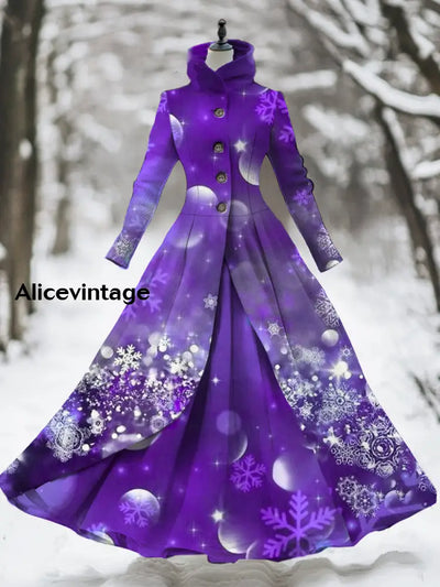 Gradient Snowflake Art Print Stand Collar Vintage Elegant Long Sleeve Fake Two Piece Maxi Dress A /