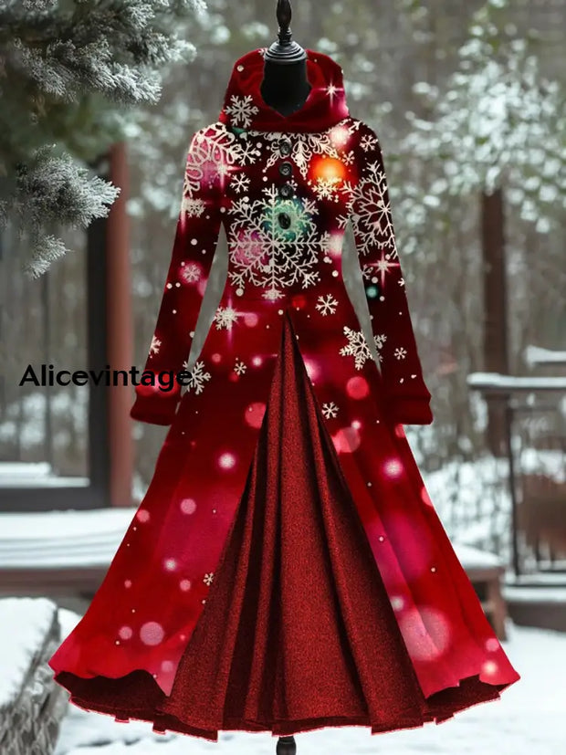 Gradient Snowflake Art Print Vintage Elegant Long Sleeve Maxi Dress Fake Two Piece Hooded A / S