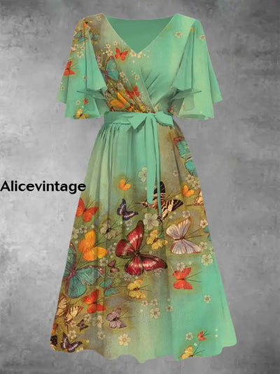 Green Butterfly Print V-Neck Vintage Chic Short Sleeve Midi Dress A / S