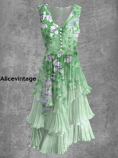 Green Floral Art Print Sleeveless V-Neck Button Up Retro Midi Dress A / S