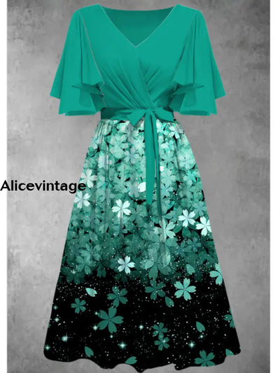 Green Floral Art Print V-Neck Short Sleeve Vintage Midi Dress