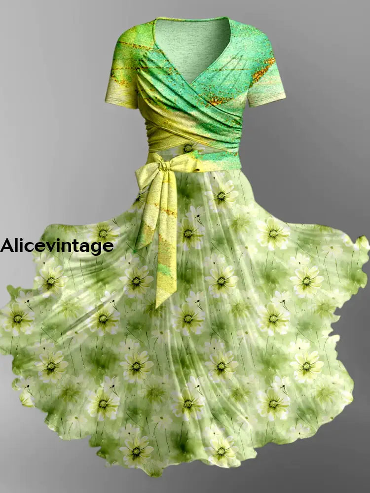 Green Floral Art Print Vintage V-Neck Short Sleeve Two-Piece Midi Dress A / S