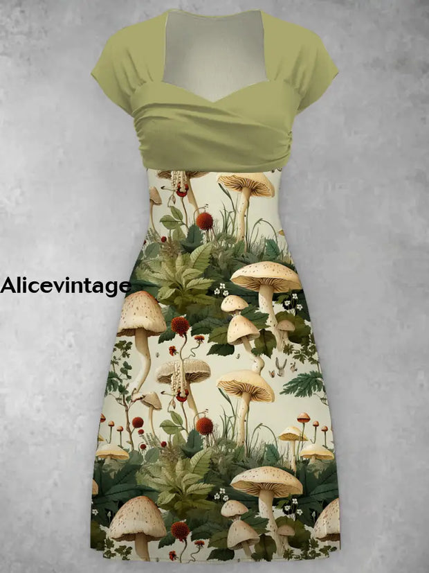 Green Mushroom Printe V-Neck Short Sleeve Vintage Midi Dress A / S