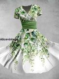 Green Plant Floral Print V-Neck Short Sleeve Midi Dress A / S