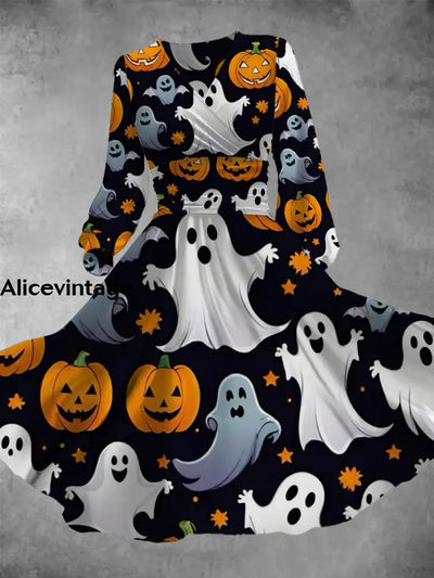 Halloween Art Print Vintage Elegant V-Neck Long Sleeve Midi Dress A / S