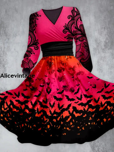 Halloween Bat Art Print V-Neck Vintage Chic Long Sleeve Midi Dress A / S