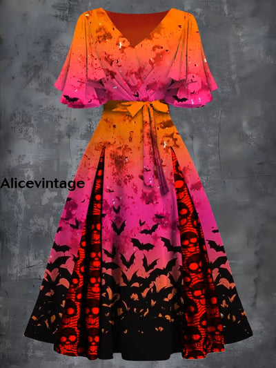 Halloween Bat Art Print V-Neck Vintage Chic Short Sleeve Midi Dress A / S