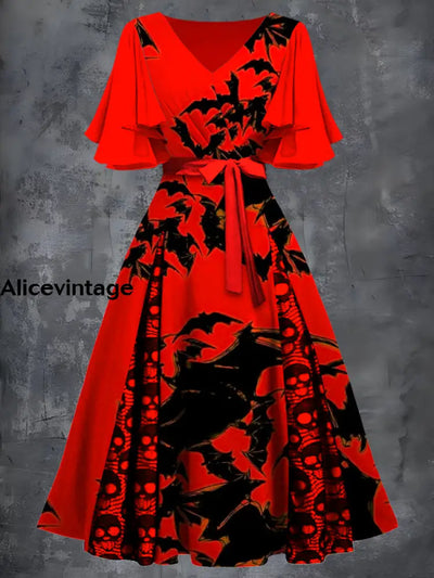 Halloween Bat Art Print V-Neck Vintage Chic Short Sleeve Midi Dress A / S