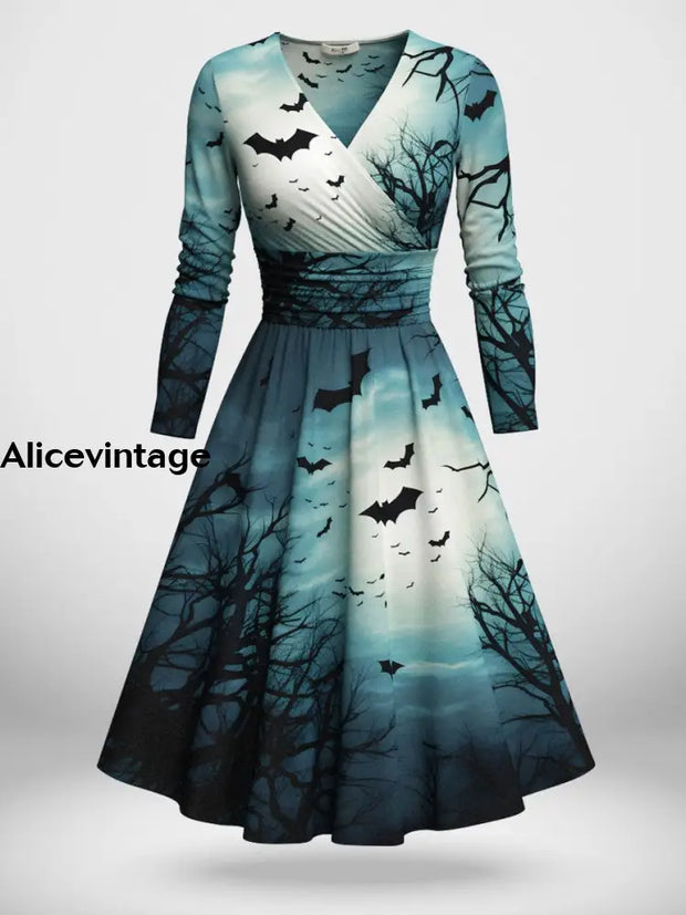 Halloween Bat Art Print V-Neck Vintage Fashion Long Sleeve Midi Dress A / S