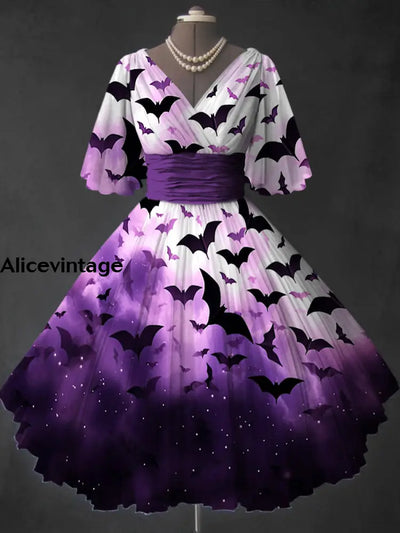 Halloween Bat Art Print V-Neck Vintage Short Sleeve Midi Dress A / S