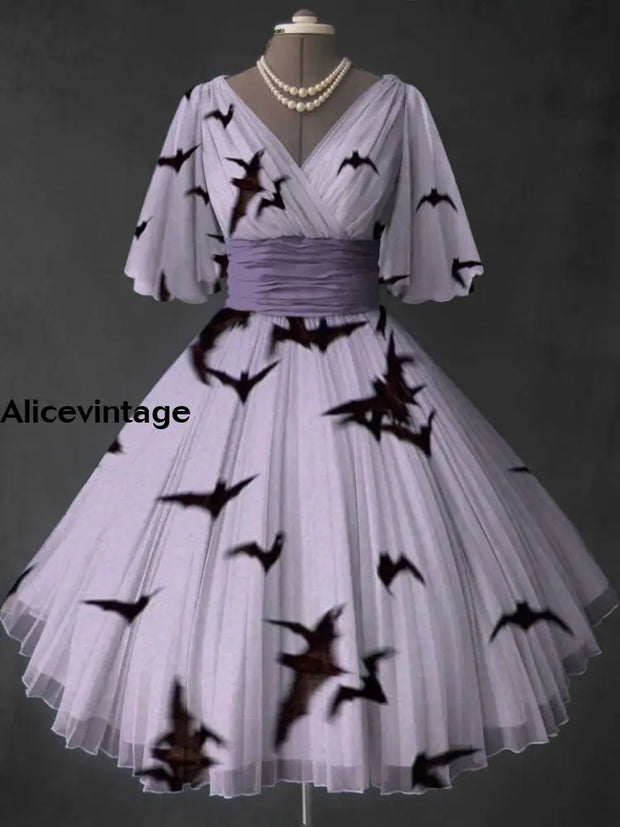 Halloween Bat Art Print V-Neck Vintage Short Sleeve Midi Dress A / S