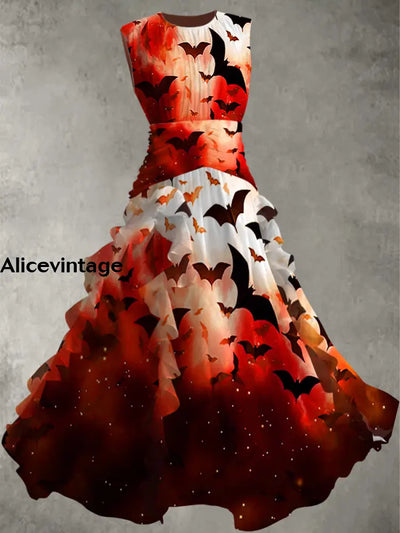 Halloween Bat Art Print Vintage Elegant Chic Sleeveless Maxi Dress A / S