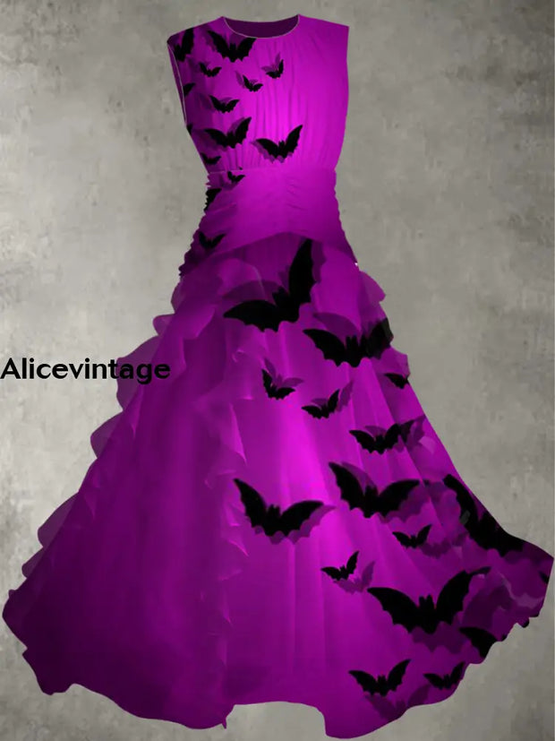 Halloween Bat Art Print Vintage Elegant Chic Sleeveless Maxi Dress A / S