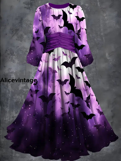 Halloween Bat Art Print Vintage Fashion Long Sleeve Midi Dress A / S