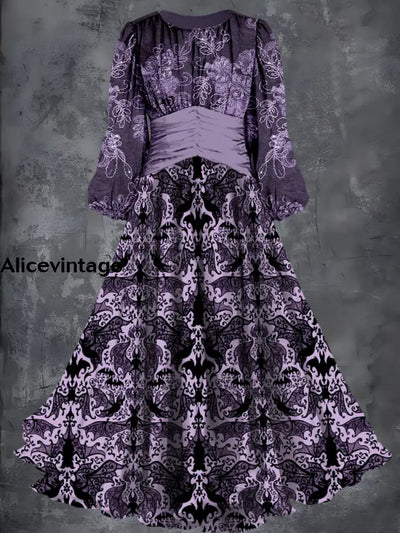 Halloween Bat Art Print Vintage Fashion Long Sleeve Midi Dress A / S