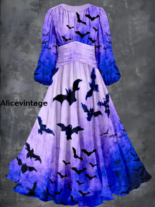 Halloween Bat Art Print Vintage Fashion Long Sleeve Midi Dress A / S