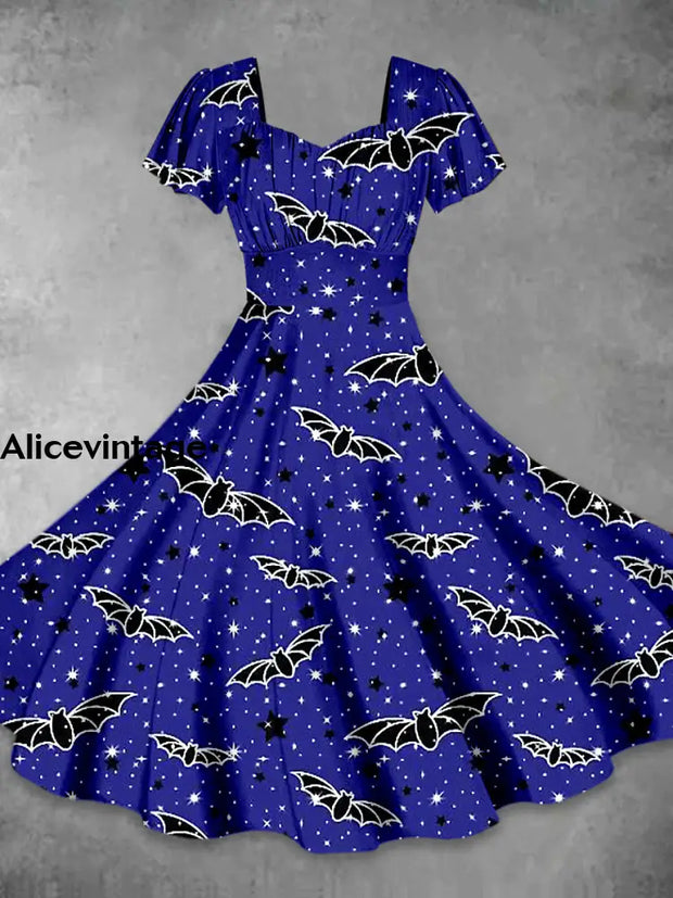 Halloween Bat Art Print Vintage Short Sleeve Midi Dress A / S