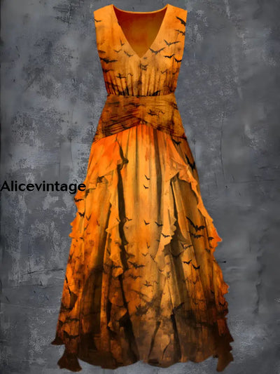 Halloween Bat Art Print Vintage V-Neck Short Sleeve Two-Piece Midi Dress A / S