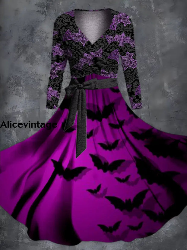 Halloween Bat Print V-Neck Vintage Long Sleeve Two-Piece Midi Dress A / S