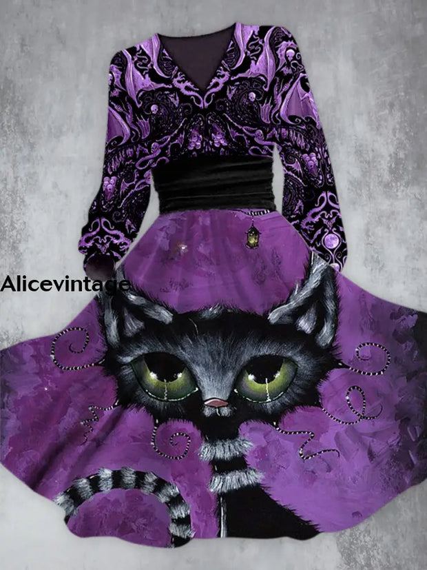 Halloween Black Cat Art Print V-Neck Vintage Chic Long Sleeve Midi Dress A / S