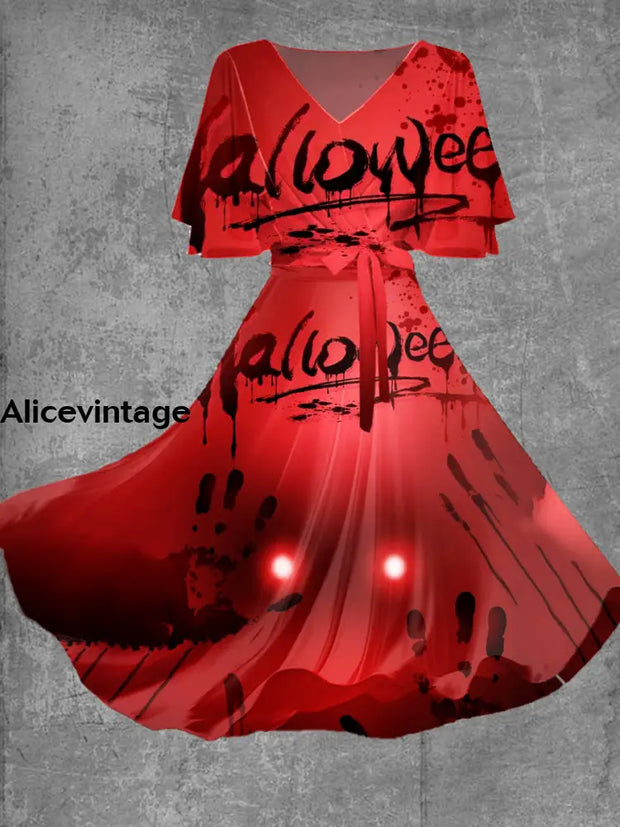 Halloween Blood Art Print V-Neck Short Sleeve Vintage Midi Dress A / S