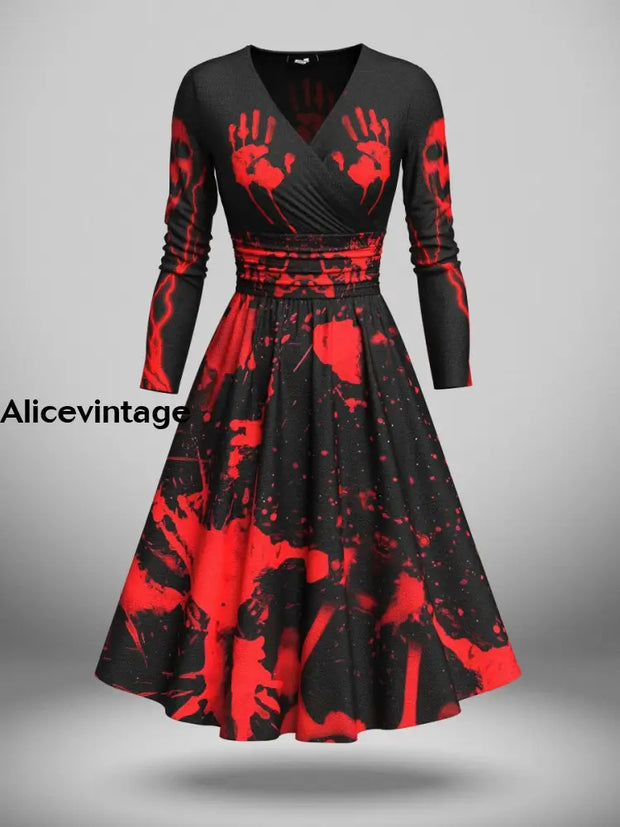 Halloween Blood Art Print V-Neck Vintage Fashion Long Sleeve Midi Dress A / S