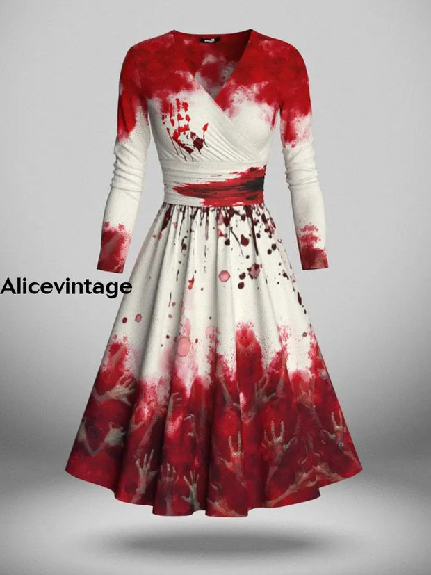 Halloween Blood Art Print V-Neck Vintage Fashion Long Sleeve Midi Dress A / S