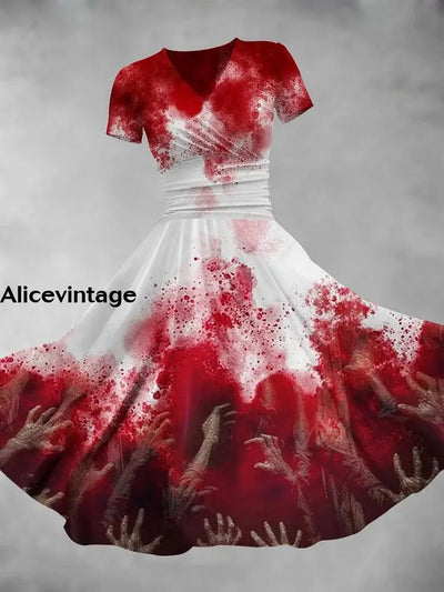 Halloween Blood Art Print V-Neck Vintage Fashion Short Sleeve Midi Dress A / S