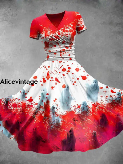 Halloween Blood Art Print V-Neck Vintage Fashion Short Sleeve Midi Dress A / S